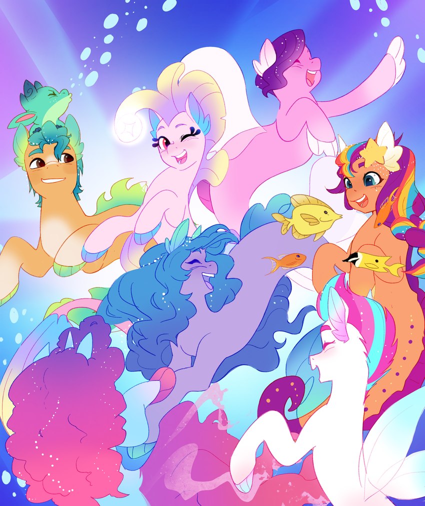 bubble female feral group male underwater water aztrial hasbro mlp_g5 my_little_pony mythology destiny_(mlp) hitch_trailblazer_(mlp) izzy_moonbow_(mlp) misty_brightdawn_(mlp) pipp_petals_(mlp) sunny_starscout_(mlp) zipp_storm_(mlp) dragon fish marine mythological_creature mythological_scalie scalie seahorse syngnathid syngnathiform absurd_res hi_res