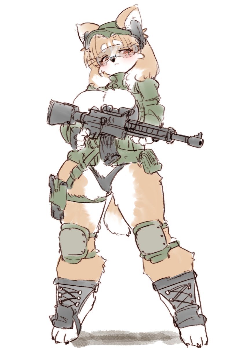 anthro armor assault_rifle bikini breasts cleavage clothed clothing digitigrade female footwear furgonomic_footwear furgonomic_headwear furgonomics gun hat headgear headwear knee_pads ranged_weapon rifle simple_background skimpy solo standing swimwear thick_thighs two-piece_swimsuit unconvincing_armor weapon white_background wide_hips yazawaowl canid canine canis domestic_dog herding_dog mammal pastoral_dog welsh_corgi hi_res