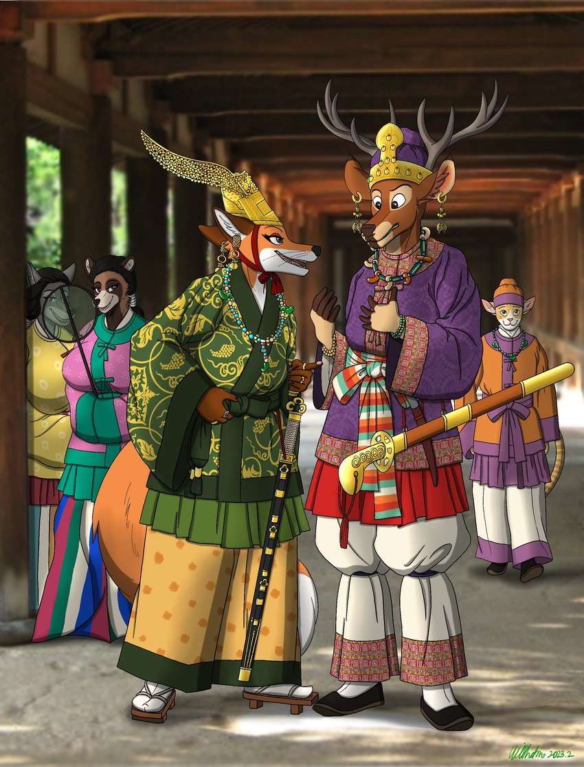 5_fingers anthro antlers asian_clothing big_breasts black_hair black_nose breasts brown_body brown_fur chokuto clothed clothing east_asian_clothing female fingers footwear fur group hair hanbok hat headgear headwear horn humanoid_hands japanese japanese_clothing jewelry korean korean_clothing male melee_weapon multicolored_body multicolored_fur necklace open_mouth open_smile orange_body orange_fur sandals shoes smile standing sword two_tone_body two_tone_fur weapon white_body white_fur ohs688 gim_inpyeong canid canine canis deer domestic_cat felid feline felis fox mammal raccoon_dog wolf 2023 absurd_res digital_media_(artwork) hi_res signature