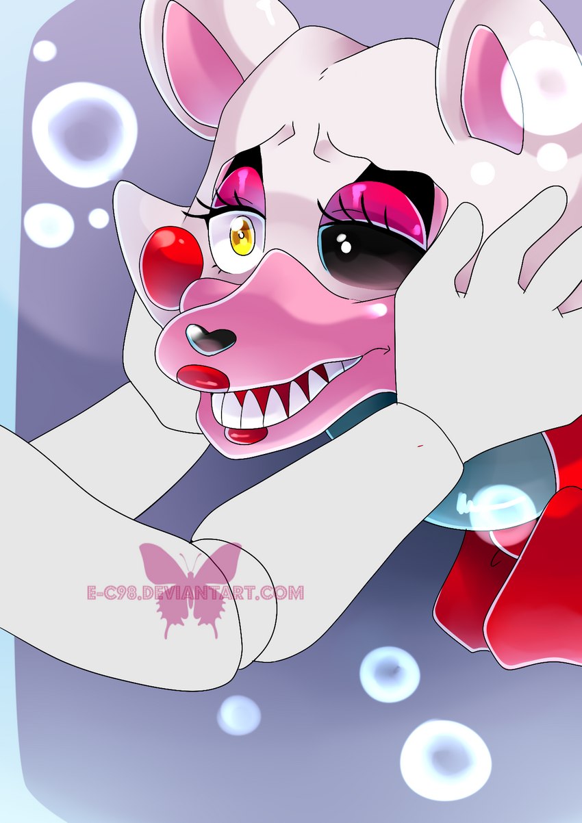 ambiguous_gender anthro bow_tie duo hand_on_head heterochromia lipstick looking_at_another machine makeup multicolored_body offscreen_character open_mouth red_cheeks sad sharp_teeth simple_background teeth white_body e-c98 five_nights_at_freddy's five_nights_at_freddy's_2 scottgames mangle_(fnaf) animatronic canid canine fox mammal robot 2015 digital_media_(artwork) hi_res watermark