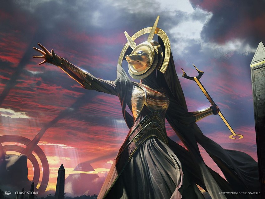 amonkhet anthro cloud copyright_symbol detailed_background fantasy female holding_melee_weapon holding_object holding_polearm holding_spear holding_weapon melee_weapon obelisk outside polearm red_sky sky solo spear symbol text weapon chase_stone egyptian_mythology hasbro magic:_the_gathering middle_eastern_mythology mythology wizards_of_the_coast hazoret_the_fervent canid canine canis deity jackal mammal 2017 4:3 artist_name official_art