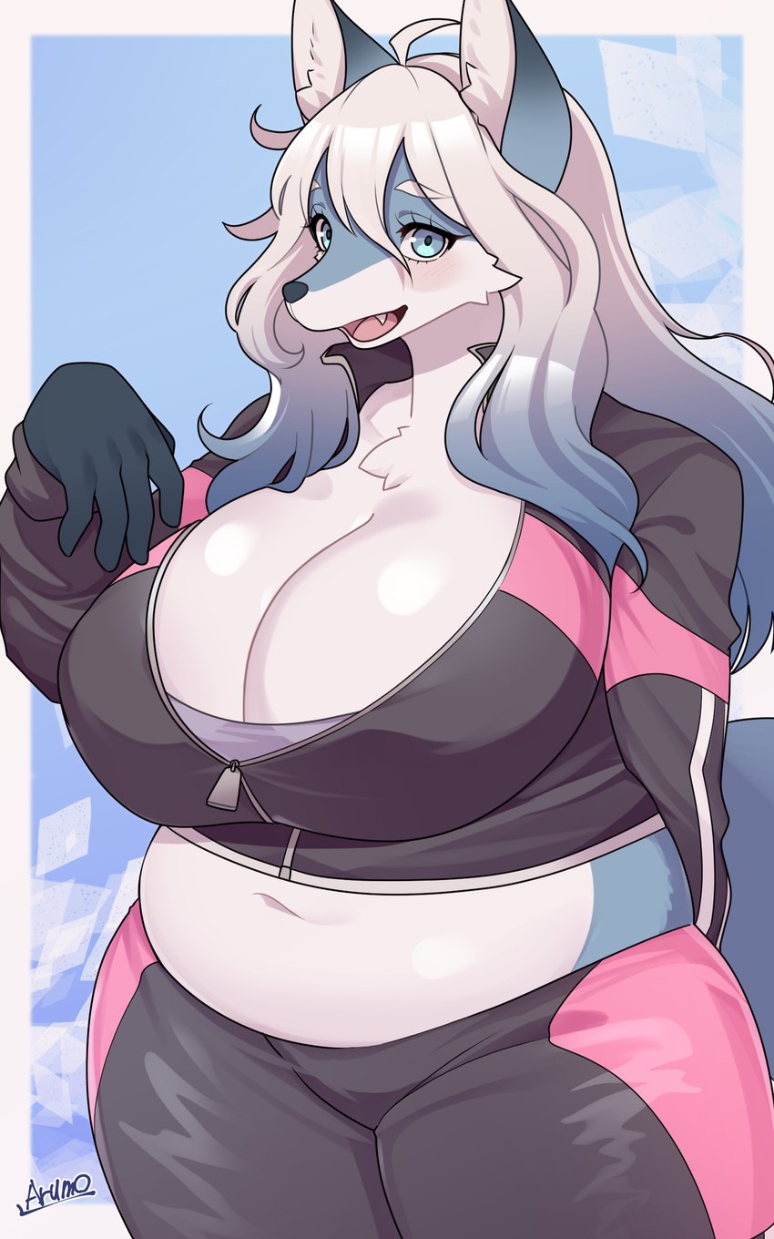 5_fingers anthro big_breasts blue_body blue_eyes blush breasts clothing eyebrows female fingers hair midriff navel open_mouth overweight overweight_anthro overweight_female simple_background smile solo white_body white_eyebrows white_hair zipper arumo canid mammal 2023 5:8 absurd_res hi_res