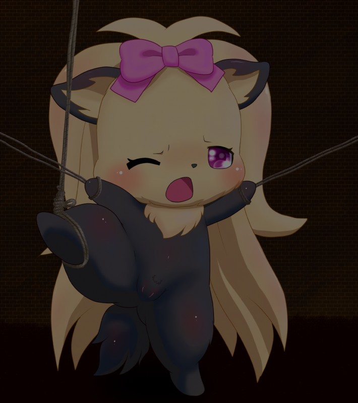 accessory bdsm blush bondage bound bow_(feature) bow_accessory bow_ribbon centered_hair_bow female feral hair_accessory hair_bow hair_ribbon one_eye_closed open_mouth pink_bow purple_eyes ribbons rope solo spreading suggestive juerupoteto jewelpet sanrio sega sega_fave topaz_(jewelpet) canid canine canis domestic_dog hunting_dog mammal terrier yorkshire_terrier hi_res