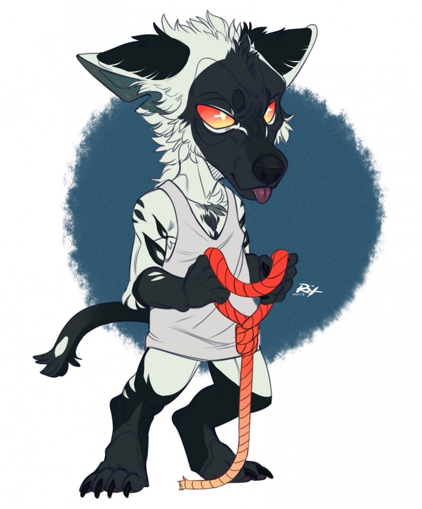 anthro black_body black_claws black_fur black_nose blep bottomless cheek_tuft chest_tuft chibi claws clothed clothing facial_tuft fur gallows gradient_eyes grey_body grey_fur head_tuft male no_sclera pupils red_eyes red_rope red_tongue rope simple_background slit_pupils solo standing tongue tongue_out tuft yellow_eyes riorix canid mammal 2017 dated full-length_portrait hi_res portrait