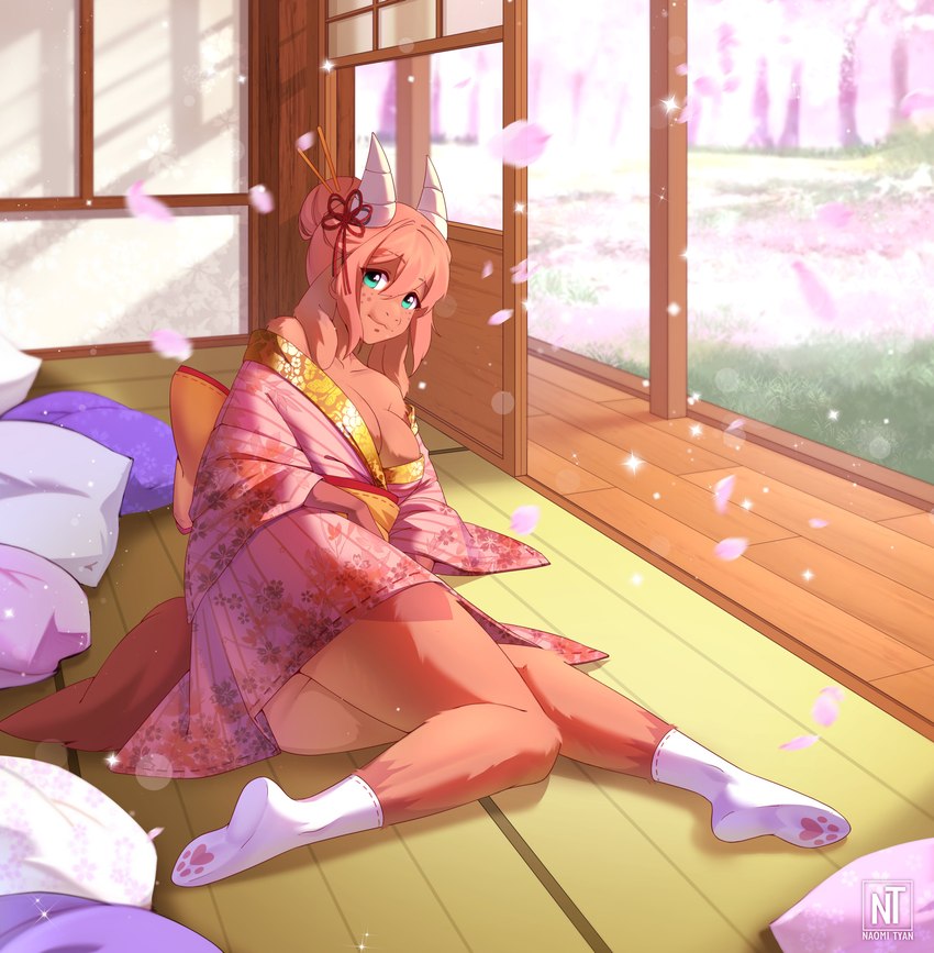 accessory anthro asian_clothing breasts brown_body cherry_blossom clothing east_asian_clothing female flower footwear freckles hair hair_accessory hair_bun horn inside japanese_clothing kanzashi kimono light looking_at_viewer lying on_ground on_side orange_hair plant prunus_(flower) socks solo sunlight tail naomi-tyan mythology michelle_(artfulpimp) bovid caprine dragon goat hybrid mammal mythological_creature mythological_scalie scalie absurd_res hi_res