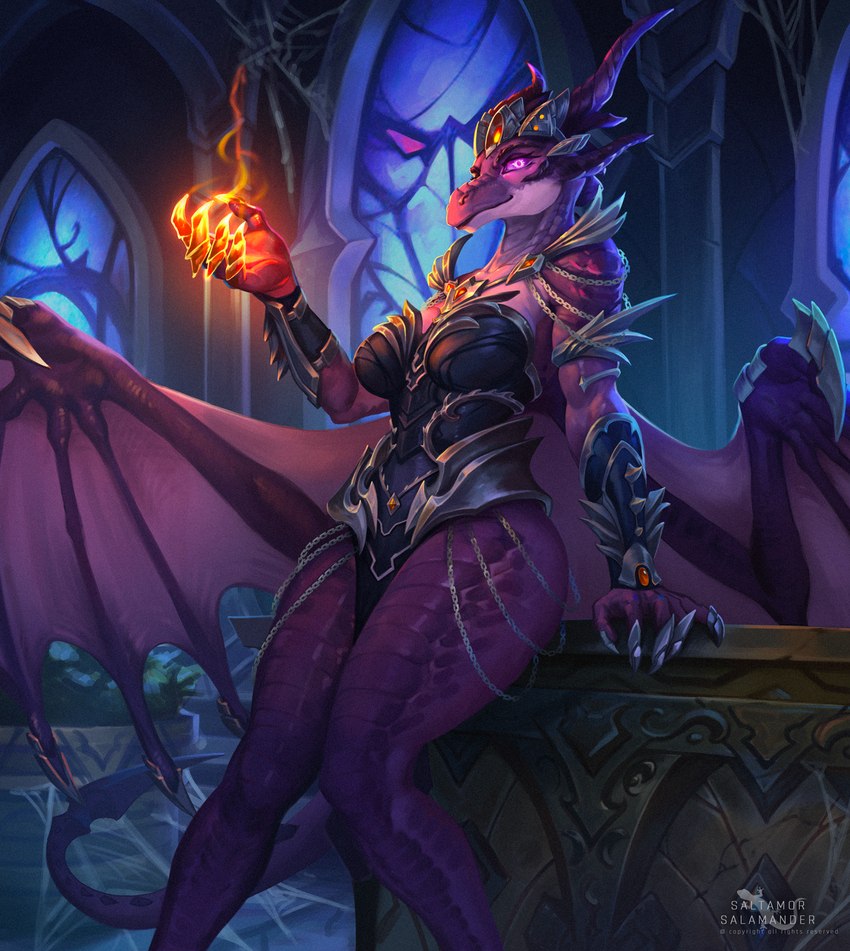 anthro armor breasts female glowing glowing_eyes horn looking_at_viewer magic magic_user non-mammal_breasts purple_body purple_eyes solo tail wings saltamor blizzard_entertainment european_mythology mythology warcraft dracthyr dragon mythological_creature mythological_scalie scalie western_dragon hi_res watermark