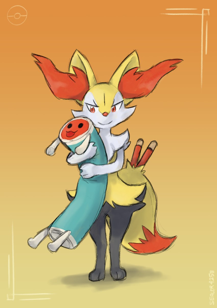 ambiguous_gender anthro biped black_body front_view fur inner_ear_fluff orange_background orange_body orange_eyes orange_fur simple_background smile solo tuft white_body white_fur yellow_body yellow_fur sealer4258 nintendo pokemon taiko_no_tatsujin don_wada animate_inanimate braixen generation_6_pokemon living_musical_instrument pokemon_(species) absurd_res hi_res