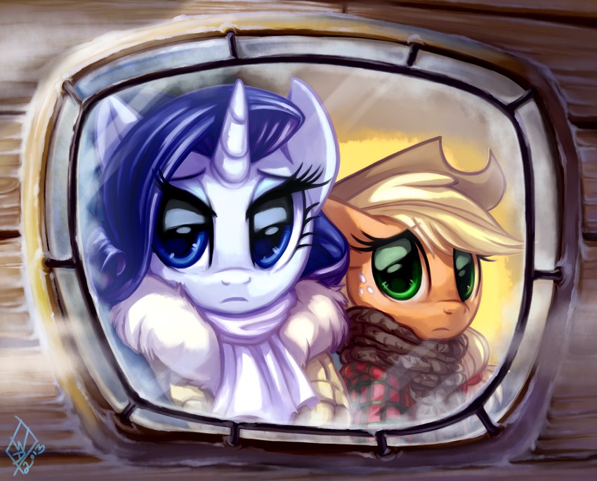 blonde_hair blue_eyes clothed clothing cowboy_hat duo eyelashes female green_eyes hair hat headgear headwear horn orange_body pupils purple_hair white_body window whitediamonds friendship_is_magic hasbro my_little_pony mythology applejack_(mlp) rarity_(mlp) equid equine mammal mythological_creature mythological_equine unicorn 2013 hi_res