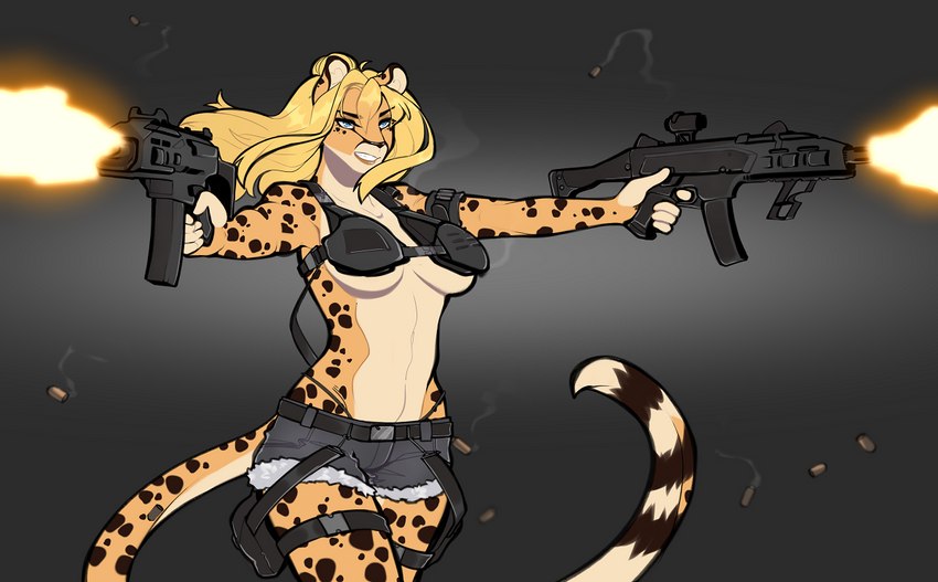 5_fingers anthro armor black_background black_spots blonde_hair blue_eyes bottomwear breasts clothing exposure_variation female fingers firing_weapon fur gun hair holding_gun holding_object holding_ranged_weapon holding_weapon leg_holster markings medium_breasts muzzle_flash ranged_weapon shooting_gun shorts simple_background solo spent_casing spots spotted_body spotted_fur standing unconvincing_armor under_boob weapon yellow_body yellow_fur ni70 lena_fluffy_(character) cheetah felid feline mammal 2023