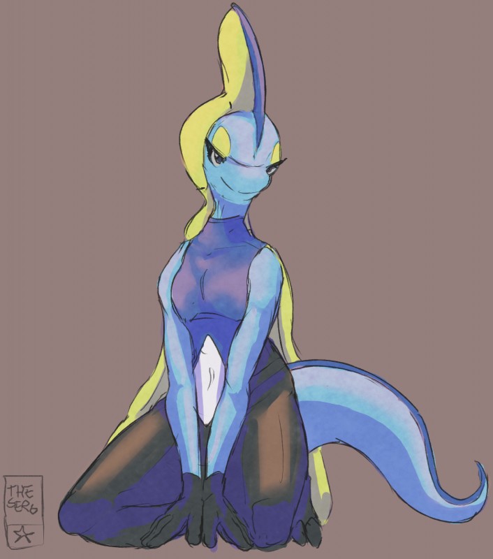 anthro biped blue_body fingers half-closed_eyes long_tail looking_at_viewer narrowed_eyes simple_background smile solo tail yellow_eyes theserg nintendo pokemon generation_8_pokemon inteleon lizard pokemon_(species) reptile scalie 2019 digital_media_(artwork) hi_res