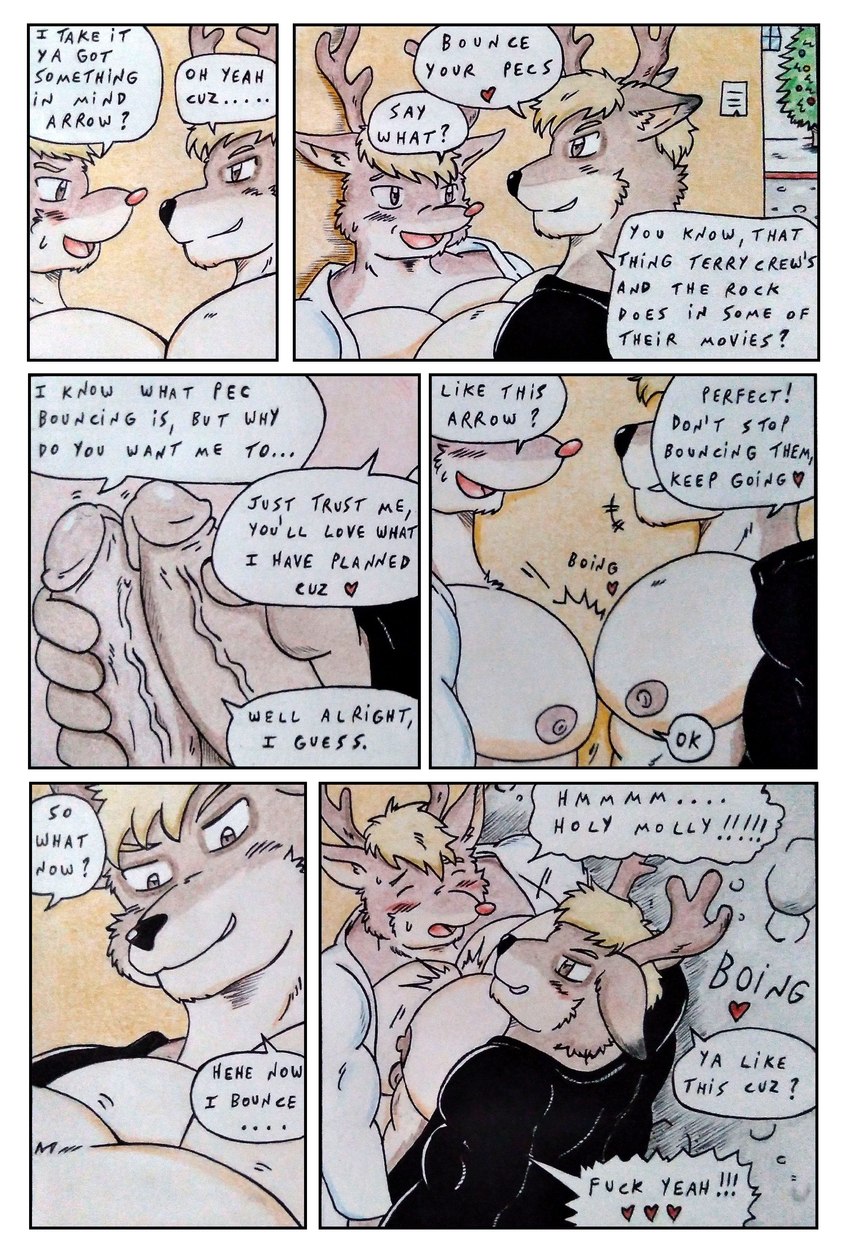 alley anthro antlers aroused athletic athletic_anthro athletic_male big_pecs blonde_hair blush blush_lines bodily_fluids bouncing_pecs brown_body brown_eyes brown_fur brown_nipples brown_penis christmas_tree clothed clothing comic_panel confident dialogue duo erect_nipples frottage fur genitals hair heart_symbol holidays horn huge_pecs humanoid_genitalia humanoid_penis jacket looking_pleasured male male/male manly moan muscular nipples onomatopoeia open_clothing open_jacket open_topwear pec_frottage pecs pecs_frottage pecs_touching penile penis plant profanity public public_nudity public_sex red_nose sex sound_effects speech_bubble street sweat sweatdrop text thick_penis topwear tree vein veiny_penis wall_(structure) winter dashthefox christmas rudolph_the_red-nosed_reindeer:_the_movie arrow_(rudolph) rudolph_the_red-nosed_reindeer deer mammal new_world_deer reindeer absurd_res comic english_text hi_res traditional_media_(artwork) cousins_(lore) incest_(lore)