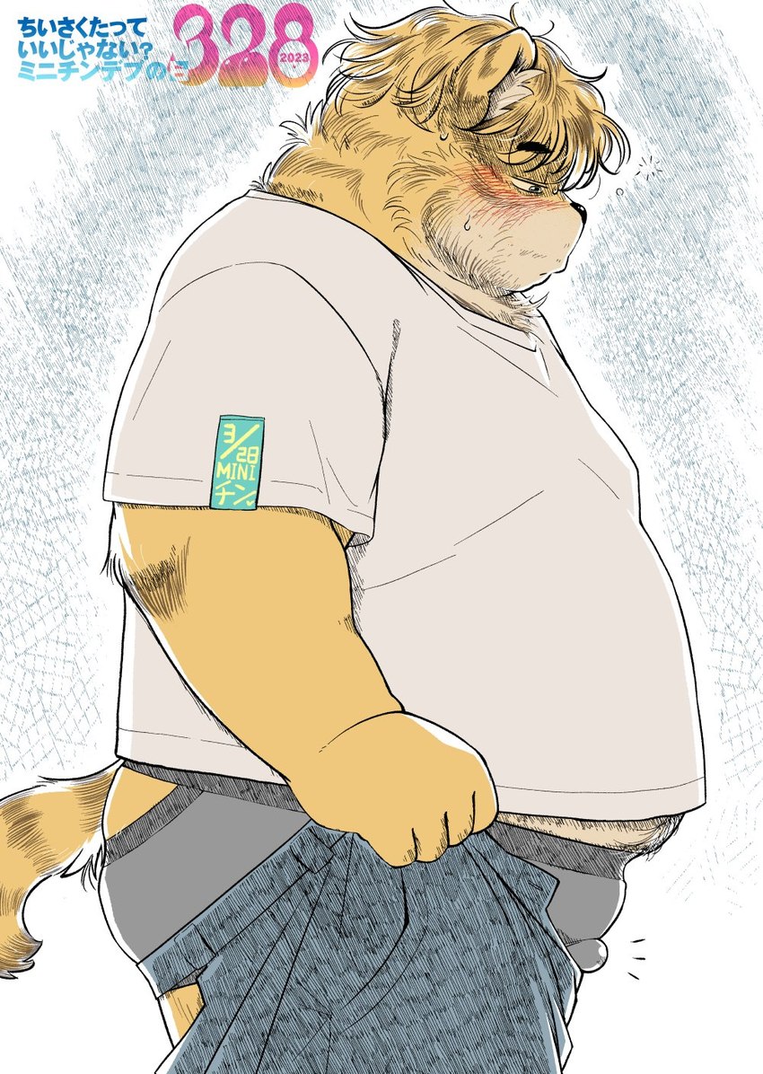 anthro belly big_belly blush bottomwear bulge clothing detailed_bulge genital_outline kemono male overweight overweight_male pants penis_outline shirt solo text topwear underwear korokke minichin_chubby_day tight_pants_(meme) felid mammal pantherine tiger 2023 hi_res japanese_text meme