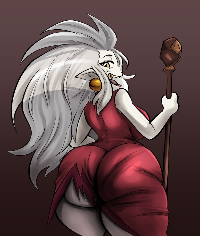 big_butt breasts butt clothing female hair holding_object holding_staff huge_butt humanoid_pointy_ears long_hair looking_at_viewer looking_back looking_back_at_viewer not_furry open_mouth pointy_ears rear_view simple_background solo staff standing thick_thighs tongue torn_clothing white_hair nathanatwar disney the_owl_house eda_clawthorne owlbert_(the_owl_house) avian bird humanoid mammal owl palisman_(the_owl_house) witch_(the_owl_house) absurd_res hi_res portrait three-quarter_portrait