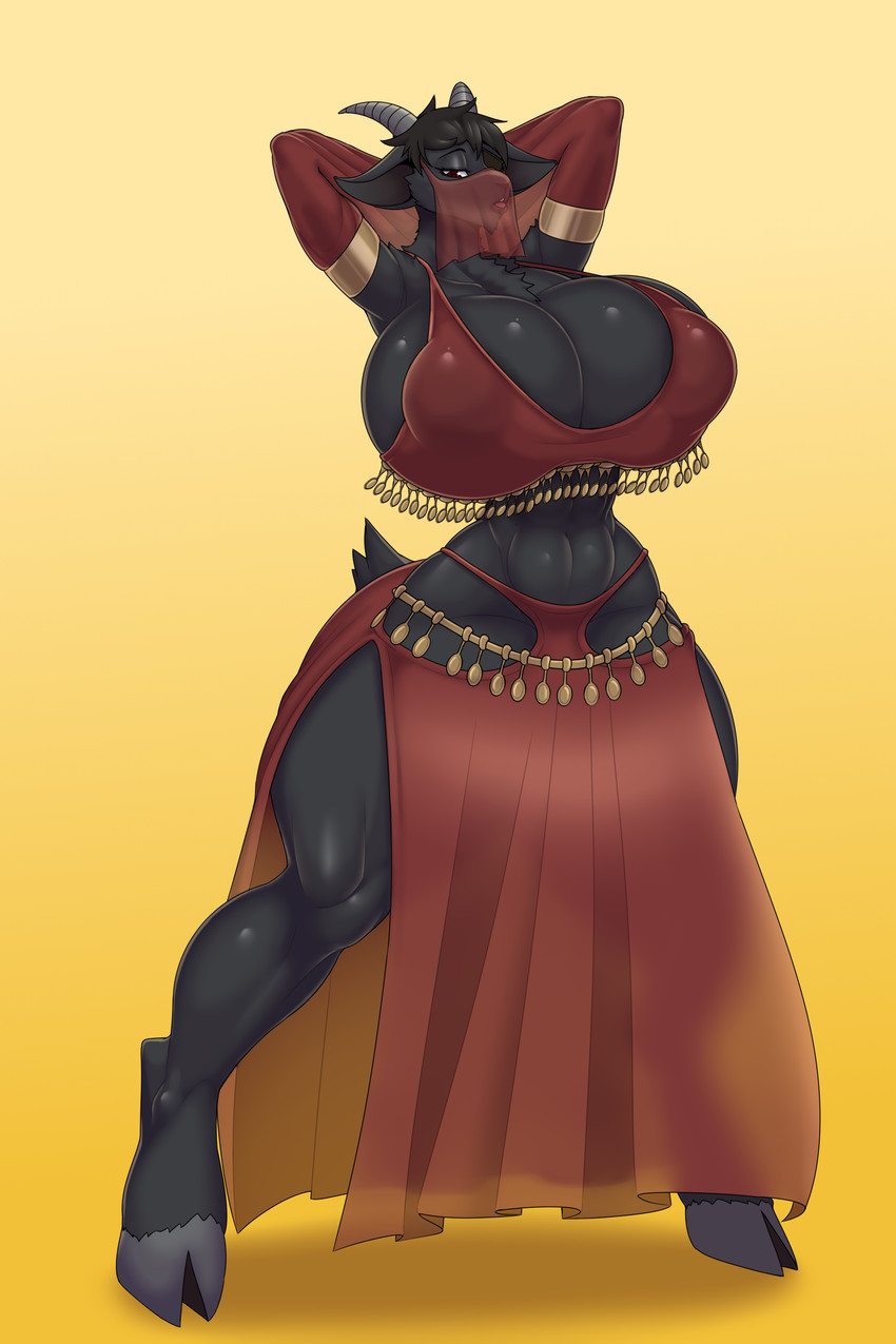 abs anthro armband bedroom_eyes big_breasts black_body black_fur black_hair black_lips black_nose breasts cheek_tuft erect_nipples eye_patch eyebrows eyewear facial_tuft female fur glistening glistening_body glistening_breasts gold_(metal) gradient_background hair half-closed_eyes hands_behind_head harem_clothing harem_jewelry harem_outfit hooves horn huge_breasts hyper hyper_breasts lips muscular muscular_thighs narrowed_eyes neck_tuft nipple_outline nipples open_mouth red_eyes seductive simple_background small_waist solo tail tassels teeth thick_thighs tongue tuft veil ber00 bathory_black_(therealnarrowjungle) bovid caprine goat mammal absurd_res hi_res