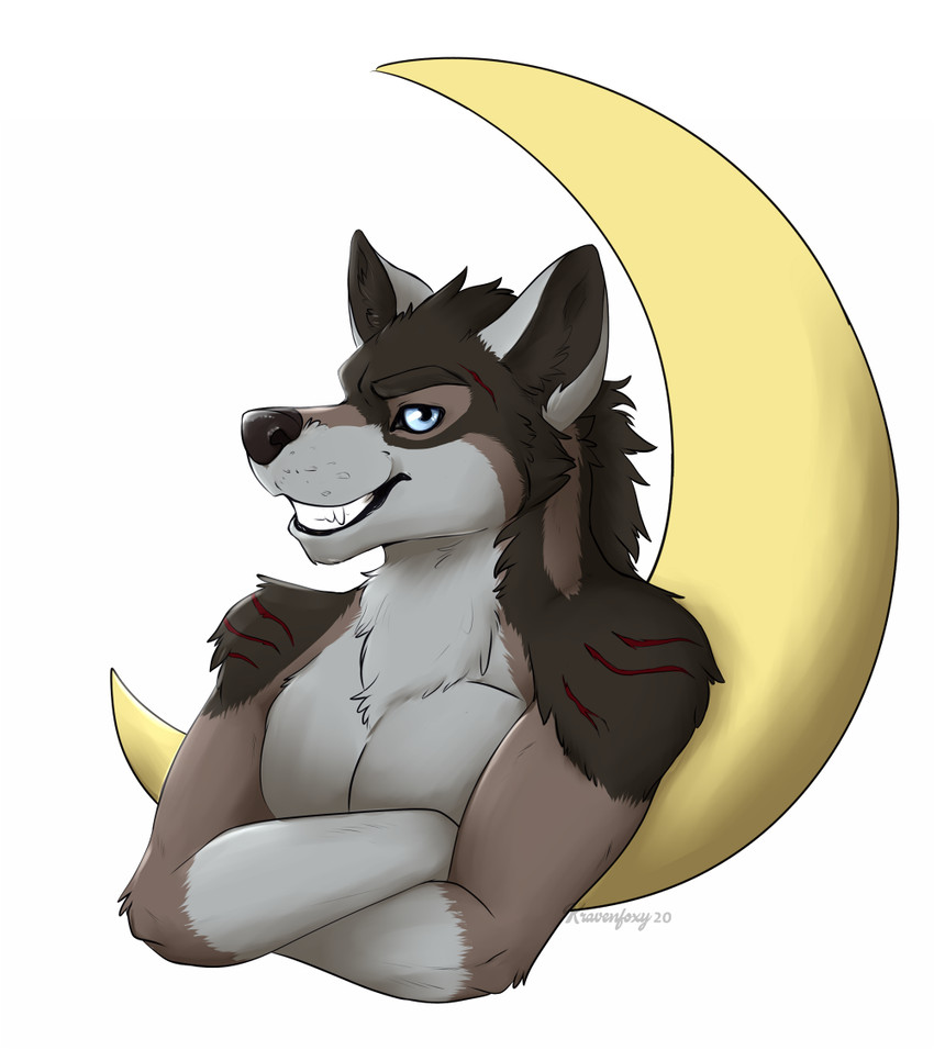 anthro blue_eyes crescent_moon male moon scar smile solo kraven-gothly mythology rakan canid canine canis mammal mythological_canine mythological_creature werecanid werecanine werecreature werewolf wolf 2020 digital_media_(artwork)