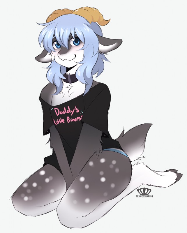 ambiguous_gender anthro biped blue_eyes blue_hair bottomwear clothed clothing collar femboy fur grey_body grey_fur hair hooves horn kneeling pants solo spots text white_body white_fur princessharumi kara_(trippledot) bovid caprine goat mammal english_text