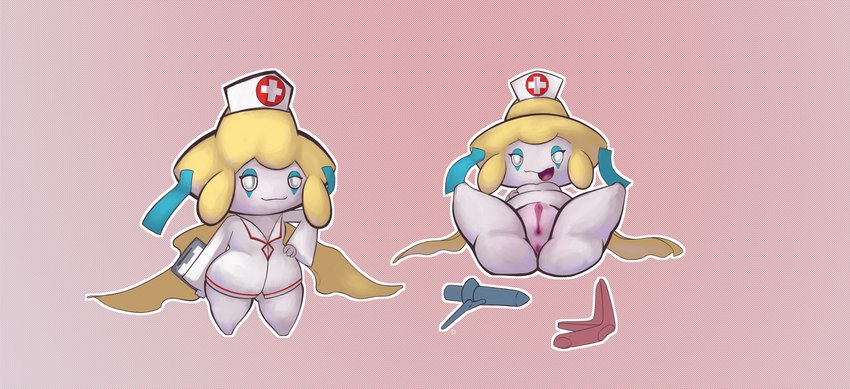 anthro anus clothing female genitals hand_on_hip headgear headwear legs_up looking_at_viewer lying medical_instrument nude nurse nurse_clothing nurse_headwear nurse_uniform on_back proctoscope pussy scientific_instrument simple_background solo speculum spread_legs spreading standing uniform ediblecrustables nintendo pokemon generation_3_pokemon jirachi legendary_pokemon pokemon_(species) absurd_res digital_media_(artwork) hi_res