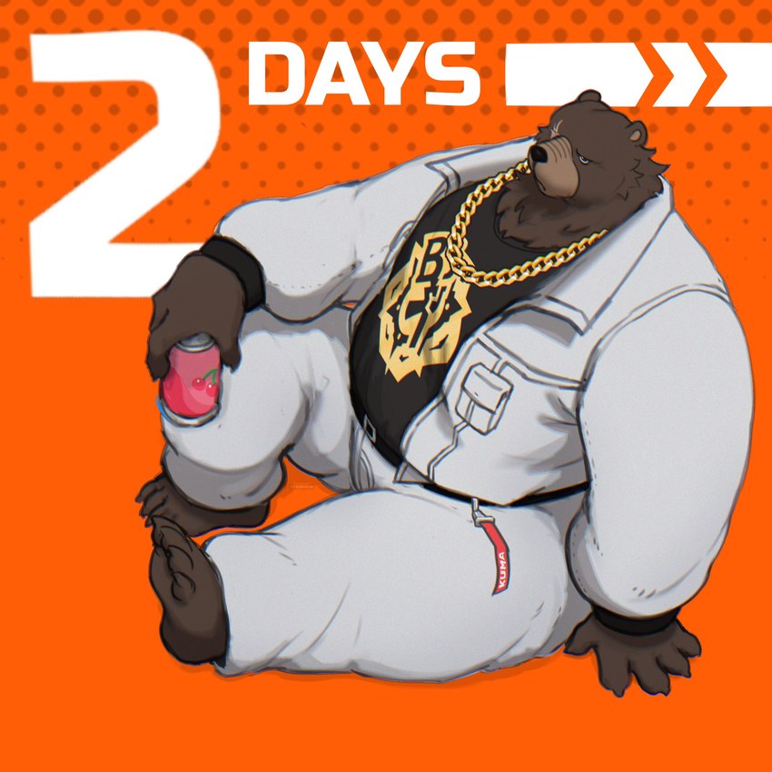 anthro arm_on_knee belly beverage black_clothing black_shirt black_t-shirt black_topwear bottomwear brown_body canned_drink chain_necklace claws clothing countdown eye_scar facial_scar finger_claws high-angle_view holding_object jacket jewelry male necklace orange_background overweight overweight_male pants scar shirt simple_background sitting sitting_on_ground solo t-shirt text toe_claws topwear white_bottomwear white_clothing white_jacket white_pants white_topwear shyybuchi mihoyo zenless_zone_zero ben_bigger bear mammal 1:1 2024 english_text hi_res