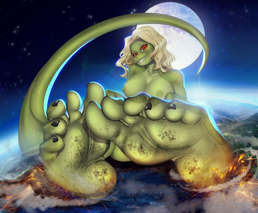 anthro breasts cloud colored_nails destruction earth feet female foot_fetish giga hair interplanetary_macro looking_at_viewer macro moon nails nipples nude planet smile solo tail redelder lizard reptile scalie absurd_res hi_res