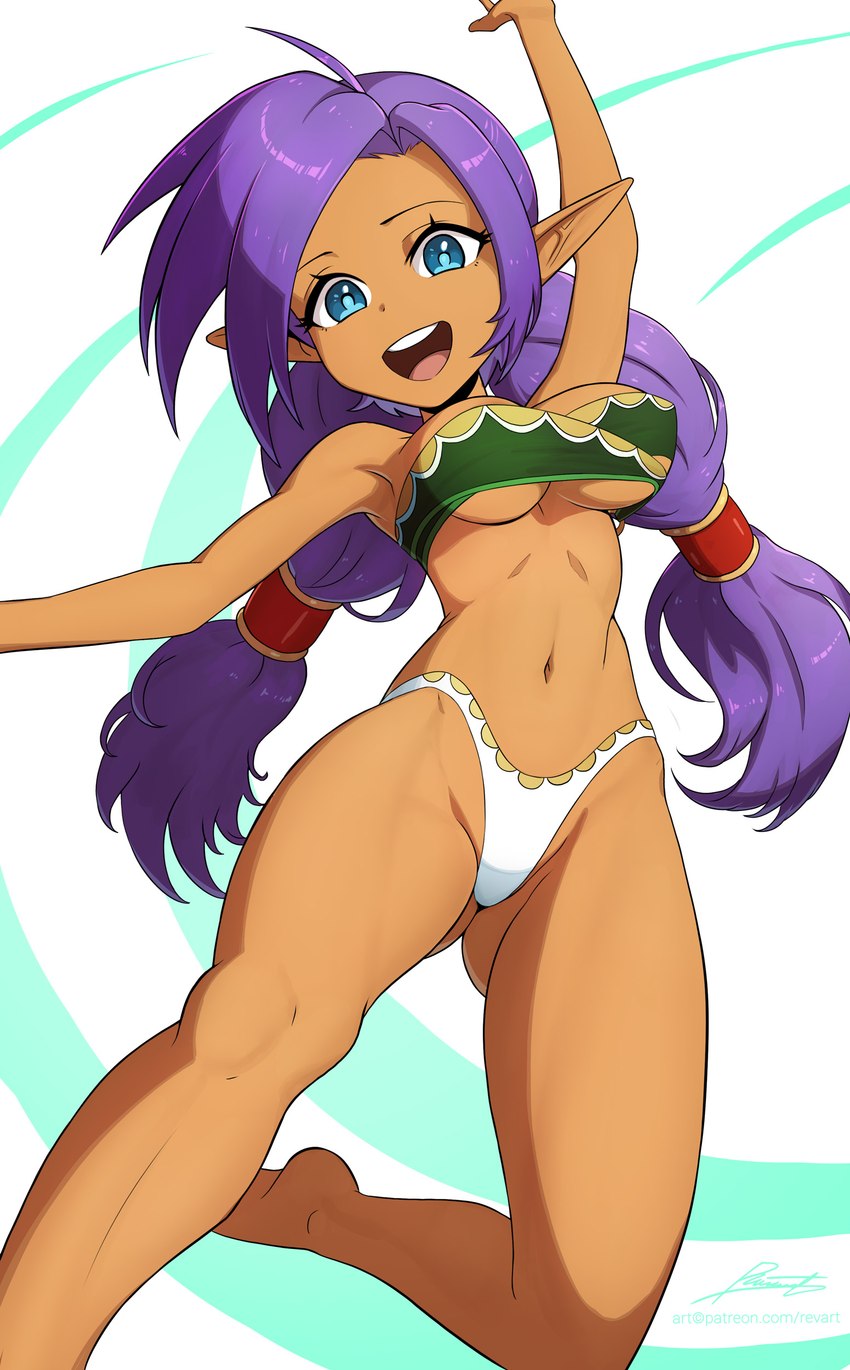 alternate_hairstyle blue_eyes breasts clothing cosplay crossover_cosplay female hair humanoid_pointy_ears long_hair looking_at_viewer navel not_furry open_mouth open_smile panties pointy_ears purple_hair simple_background smile solo tan_body tan_skin text twintails_(hairstyle) under_boob underwear white_clothing white_panties white_underwear revenant_(artist) shantae_(series) soul_calibur wayforward shantae talim_(soul_calibur) genie humanoid absurd_res crossover hi_res signature url