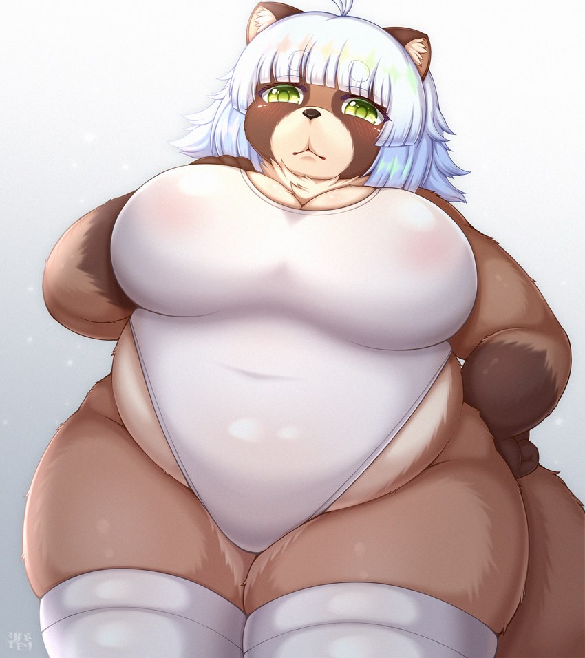 :< ahoge anthro areola belly big_breasts biped blush breasts brown_body brown_ears brown_fur brown_inner_ear brown_nose brown_tail cleavage clothed clothing countershade_face countershade_fur countershade_torso countershading curvy_figure eyelashes female female_anthro fingers fluffy fluffy_tail front_view fully_clothed fur glistening glistening_body glistening_clothing glistening_eyes glistening_fur glistening_hair gloves_(marking) gradient_background green_eyes green_pupils hair hand_on_breast hand_on_hip huge_breasts humanoid_hands inner_ear_fluff kemono legwear looking_at_viewer markings monotone_hair monotone_tail multicolored_body multicolored_fur navel_outline neck_tuft one-piece_swimsuit overweight overweight_anthro overweight_female pink_areola pupils short_hair simple_background skindentation solo standing swimwear tail tan_body tan_countershading tan_fur thick_thighs thigh_highs translucent translucent_clothing translucent_swimwear tuft voluptuous white_clothing white_hair white_inner_ear_fluff white_legwear white_swimwear white_thigh_highs wide_hips shibaemonxsk canid canine mammal raccoon_dog tanuki 2023 colored digital_media_(artwork) hi_res portrait shaded three-quarter_portrait