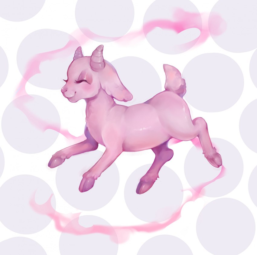 ambiguous_gender blush eyes_closed feral fur hooves horn long_ears pink_body pink_smoke short_tail simple_background smile smoke solo tail araslisio bovid caprine goat mammal 2023 hi_res