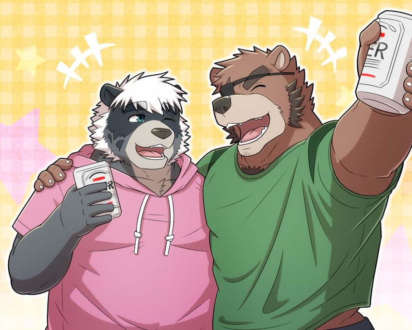 alcohol anthro beer beverage black_body black_fur brown_body brown_fur can clothing container duo eye_patch eyes_closed eyewear fur hoodie hug kemono male shirt slightly_chubby topwear jacklantern_11 bear mammal 2021 5:4