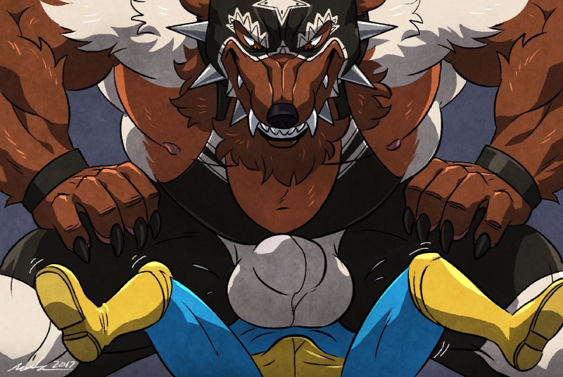 anthro belly biceps big_bulge bulge bulge_size_difference claws clothing collar duo facesitting fangs fur hair male male/male mask muscular muscular_male nipples pecs pinned shirt simple_background sitting sitting_on_another smile spiked_collar spikes teeth topwear wrestling wrestling_singlet wfa madcow100 gulonine mammal mustelid musteline wolverine squash_(disambiguation) 2017