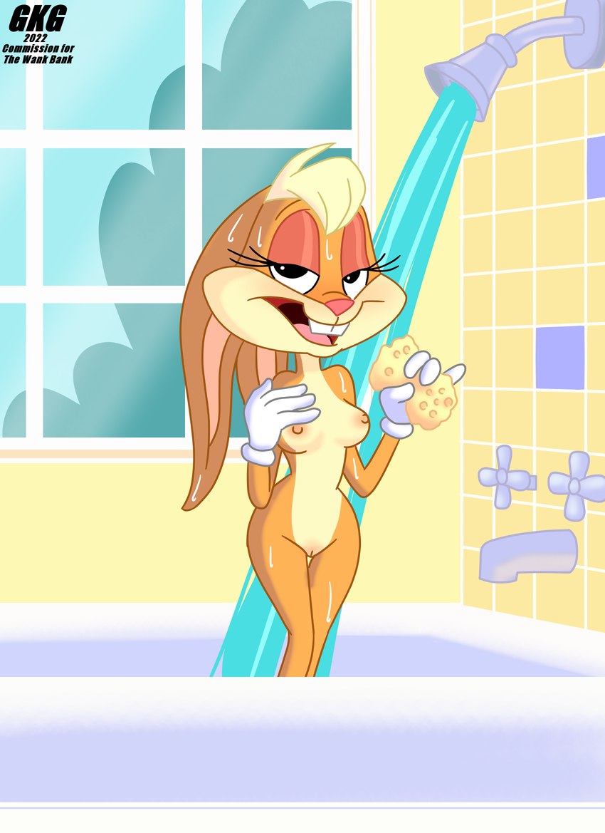 breasts female looking_at_viewer naughty_face nipples nude shower smile solo water gkg looney_tunes the_looney_tunes_show warner_brothers lola_bunny lagomorph leporid mammal rabbit hi_res