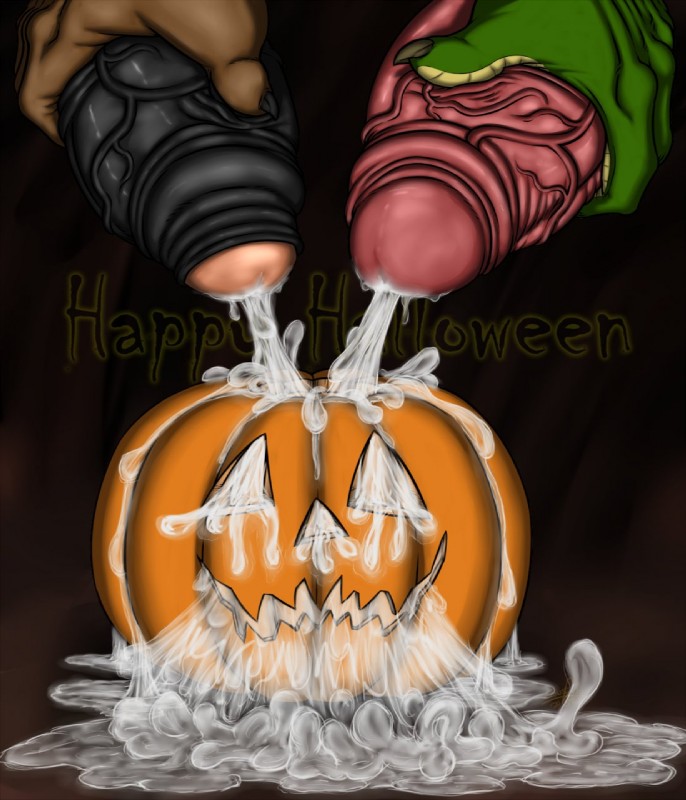 bodily_fluids cum cum_in_pumpkin disembodied_penis duo erection excessive_cum excessive_genital_fluids food foreskin fruit genital_fluids genitals holidays humanoid_genitalia humanoid_penis jack-o'-lantern male masturbation messy partially_retracted_foreskin penile penile_masturbation penis plant pumpkin text vein zeusralo halloween hi_res