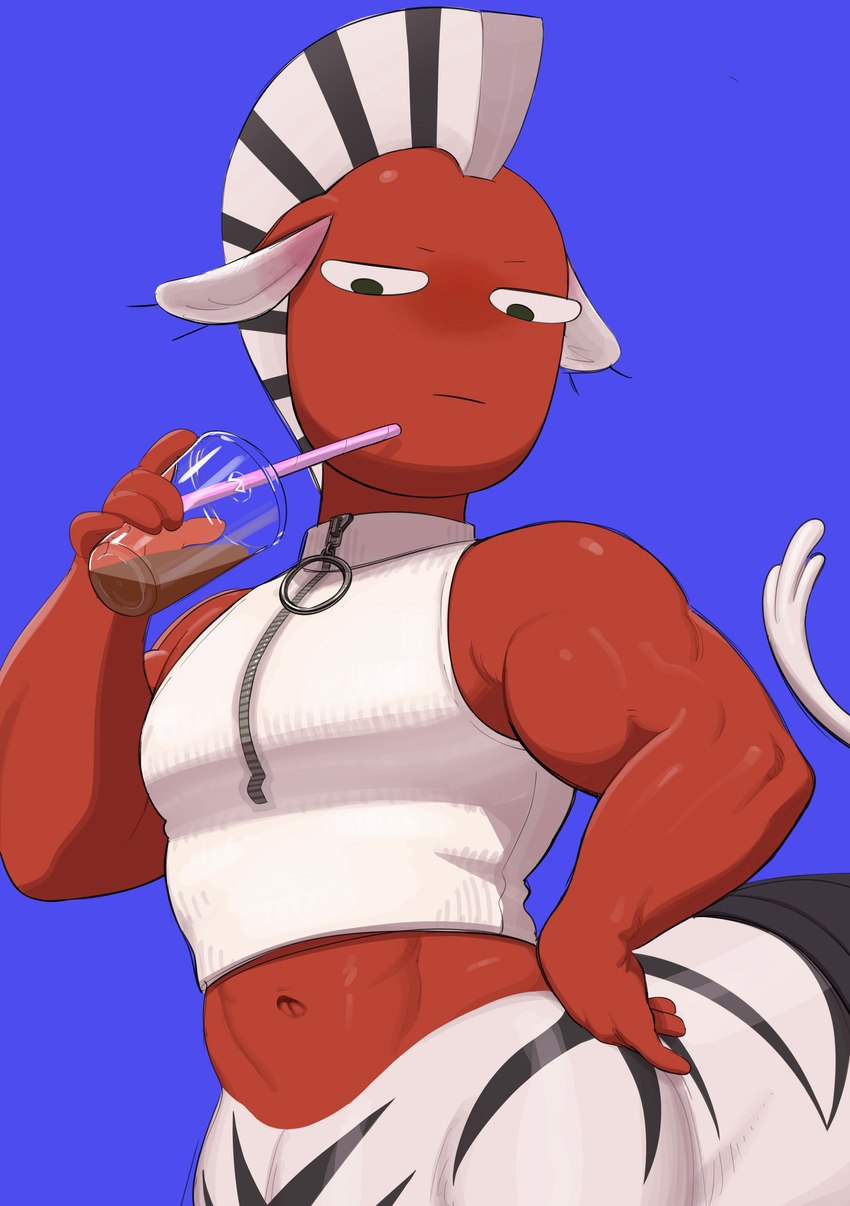 abs beverage blue_background coffee dark_body dark_skin drinking drinking_straw fur male midriff mohawk muscular muscular_arms muscular_male pecs simple_background solo striped_body striped_fur stripes 20daysapple centaurworld netflix zulius_(centaurworld) equid equid_taur equine equine_taur humanoid humanoid_taur mammal mammal_taur taur zebra zebra_taur absurd_res hi_res