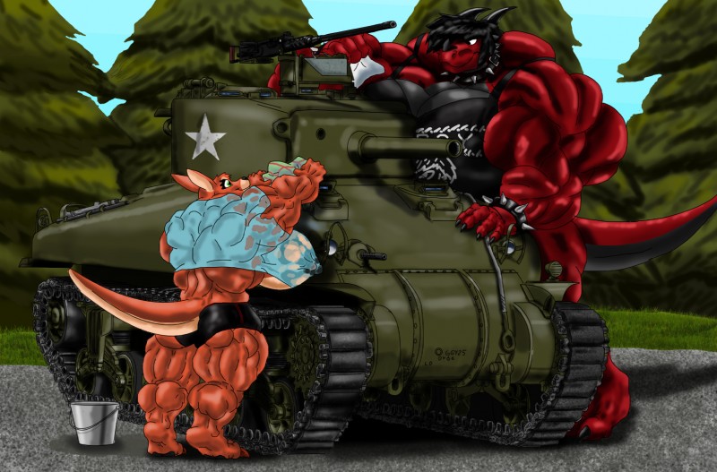 big_muscles breasts duo female gun huge_muscles hyper hyper_muscles inflamus_the_wolf kirovrampager m2hb m4_sherman_(tank) machine_gun muscular ranged_weapon rifle sherman_(tank) tail tank vehicle weapon mythology wendy dragon kangaroo macropod mammal marsupial mythological_creature mythological_scalie scalie hi_res