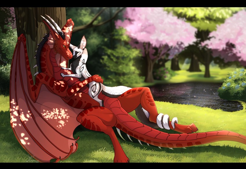 black_bars cuddling detailed_background female garden grass male outside plant pool tree angellsview3 conditional_dnp mythology draco_cretel kin_(unyko) chimera dragon mythological_creature mythological_scalie scalie hi_res letterbox