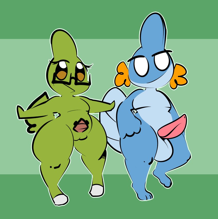 aged_down anthro balls big_penis blue_body devolution duo eyewear feet female flat_chested genitals glasses green_body male male/female penis smile tail thick_thighs 1upgobbo nintendo pokemon mira_(1upgobbo) xavier_(1upgobbo) generation_2_pokemon generation_3_pokemon larvitar mudkip pokemon_(species) hi_res