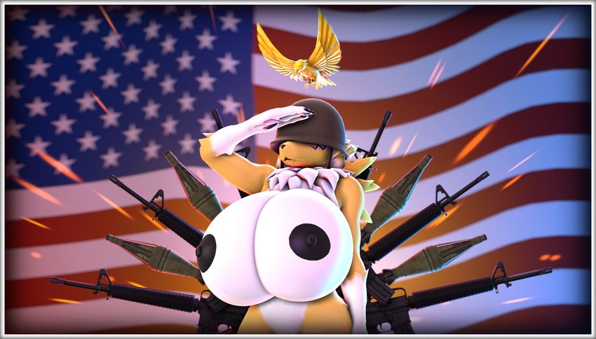 american_flag anthro areola armor assault_rifle big_breasts breasts female gesture gun headgear headgear_only helmet helmet_only huge_breasts hyper hyper_breasts nipples ranged_weapon rifle rocket_launcher salute solo united_states_of_america weapon not_person420 bandai_namco digimon team_fortress_2 valve warfare_machine soldier_(team_fortress_2) warfare_renamon canid digimon_(species) mammal renamon 2021 3d_(artwork) digital_media_(artwork) hi_res source_filmmaker_(artwork)