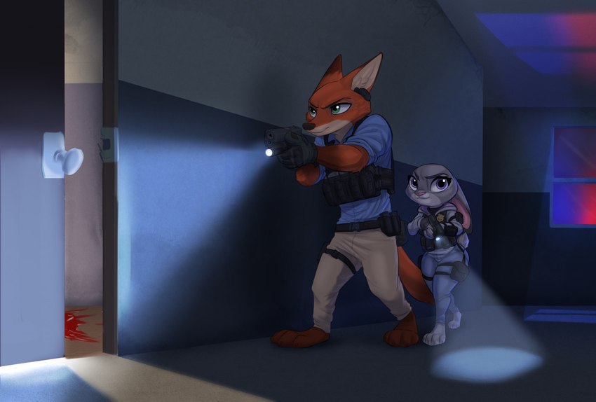 anthro blood bodily_fluids bulletproof_vest clothing duo female flashlight glock_17 gun hallway handgun hoodie law_enforcement male male/female pistol police police_lights police_officer ranged_weapon tactical_gear topwear weapon psakorn_tnoi disney glock zootopia judy_hopps nick_wilde canid canine fox lagomorph leporid mammal rabbit red_fox true_fox 2021