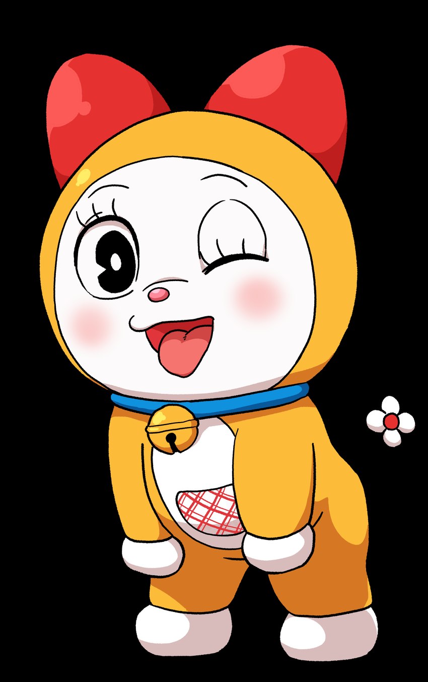 anthro bell bell_collar blush bow_ribbon collar eyelashes feet female flower_tail machine one_eye_closed red_bow red_ribbon snout solo stripes tongue tongue_out translucent white_face white_feet white_hands yellow_body witchuus doraemon dorami robot absurd_res hi_res