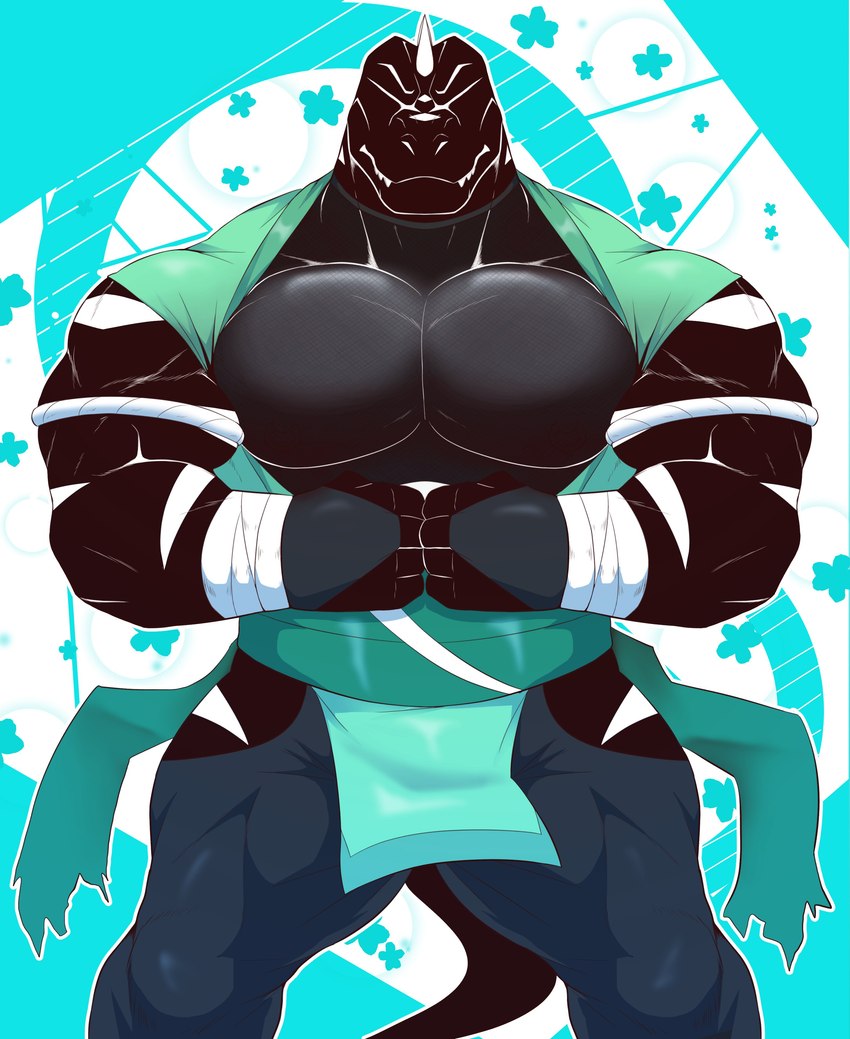 anthro areola biceps big_pecs black_areola black_body black_scales eyeless flexing flexing_bicep flexing_both_biceps forearm_muscles head_spikes male muscular muscular_anthro muscular_male ninja ninja_costume pecs scales solo spikes spikes_(anatomy) triceps warrior mels_monster_(artist) buzz_(mels_monster) dinosaur prehistoric_species reptile scalie theropod tyrannosaurid tyrannosauroid tyrannosaurus tyrannosaurus_rex 2024 absurd_res hi_res