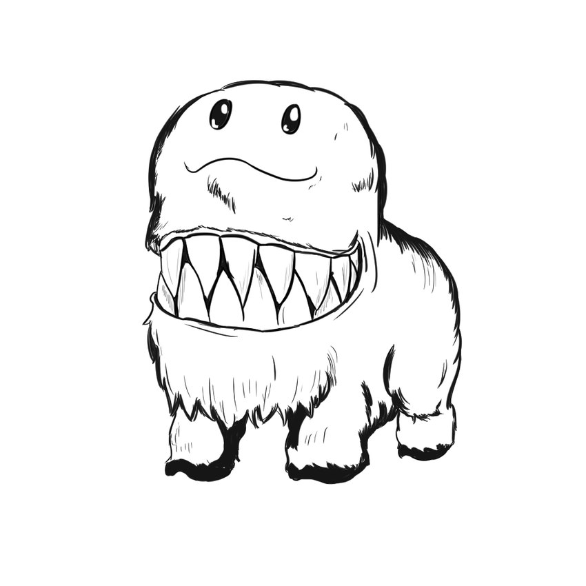 ambiguous_gender feral sharp_teeth simple_background smile solo teeth white_background innshiprion fluffy_pony eldritch_abomination fluffy_pony_(species) jellenheimer mammal 1:1 monochrome