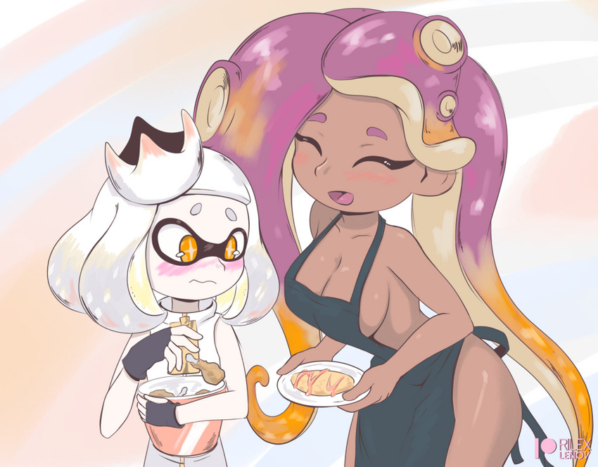 apron apron_only blush breast_envy breasts chicken_meat cleavage clothed clothing crown dark_body dark_skin duo eyes_closed female food fried_chicken headgear meat mostly_nude omelette open_mouth pseudo_hair side_boob tentacle_hair tentacles tongue rilex_lenov nintendo splatoon marina_(splatoon) off_the_hook_(splatoon) pearl_(splatoon) animal_humanoid cephalopod cephalopod_humanoid humanoid inkling marine marine_humanoid mollusk mollusk_humanoid octarian octoling 2020