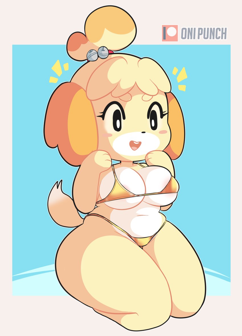 anthro bikini clothing female solo swimwear triangle_bikini two-piece_swimsuit onigiri_punch animal_crossing nintendo isabelle_(animal_crossing) canid canine canis domestic_dog mammal shih_tzu toy_dog hi_res