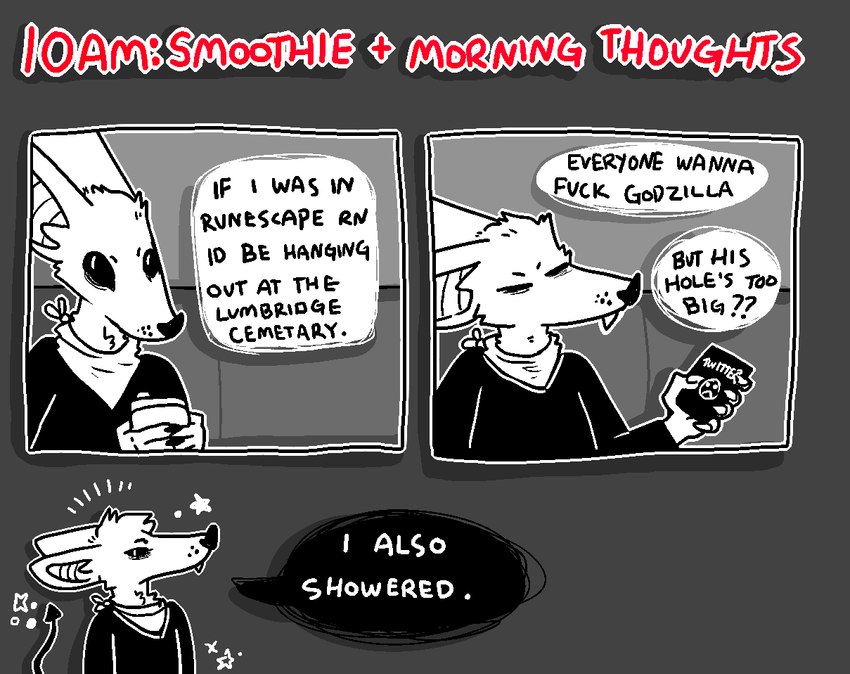 3_panel_comic anthro cellphone cheek_tuft dialogue electronics eyes_closed facial_tuft fangs half-closed_eyes humor kerchief long_sleeve_shirt long_sleeves male narrowed_eyes neckerchief neckwear phone profanity smartphone solo spade_tail speech_bubble tail teeth text tuft wide_eyed sinsquest sins_(sinsquest) bat mammal english_text greyscale monochrome trans_(lore) trans_man_(lore)