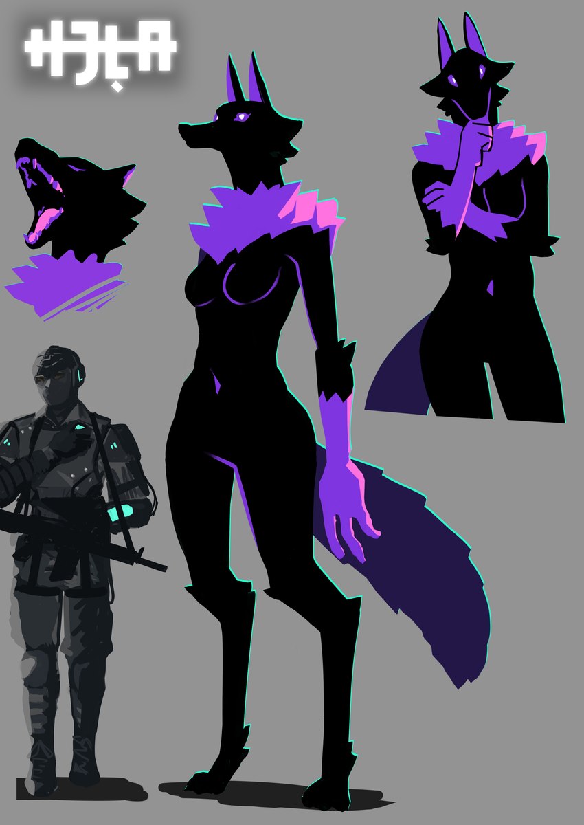 anthro barefoot black_body black_fur breasts duo feet female fur male navel neck_tuft nude open_mouth purple_body purple_fur purple_sclera size_difference tail tuft weapon el-k fen_(el-k) alien human mammal 2023 absurd_res digital_media_(artwork) hi_res