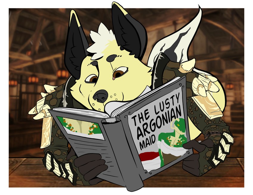 anthro armor book brown_eyes dragon_bone_armor fur male solo tavern yellow_body yellow_fur qixart bethesda_game_studios microsoft skyrim the_elder_scrolls the_lusty_argonian_maid pizza_fox canid canine fox mammal absurd_res hi_res