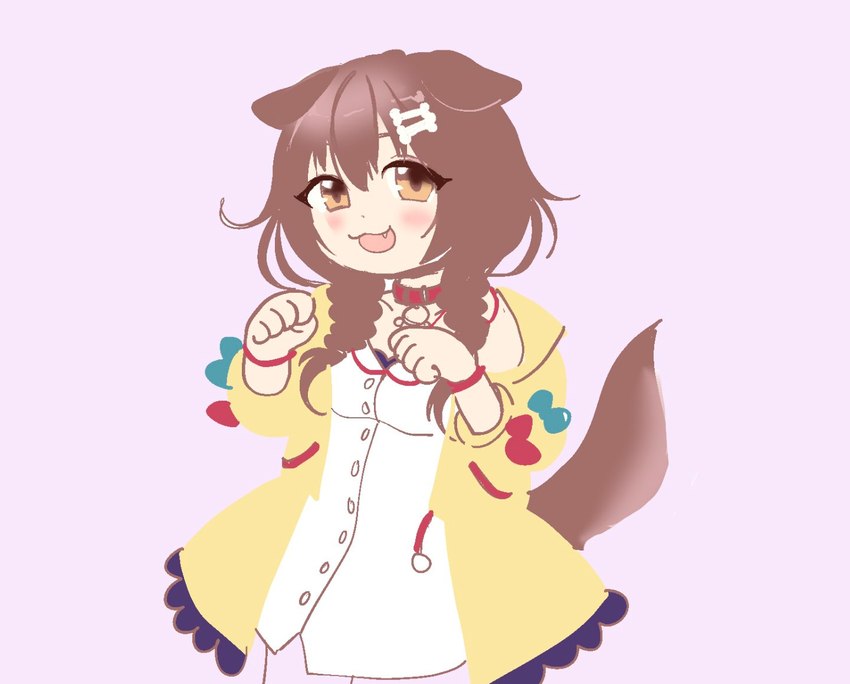 blush bracelet breasts brown_hair clothed clothing collar cute_fangs dog_tail dress fangs female hair jewelry open_mouth open_smile simple_background smile solo tail teeth dokudrinker hololive vtuber inugami_korone animal_humanoid canid canid_humanoid canine canine_humanoid dog_humanoid humanoid mammal mammal_humanoid