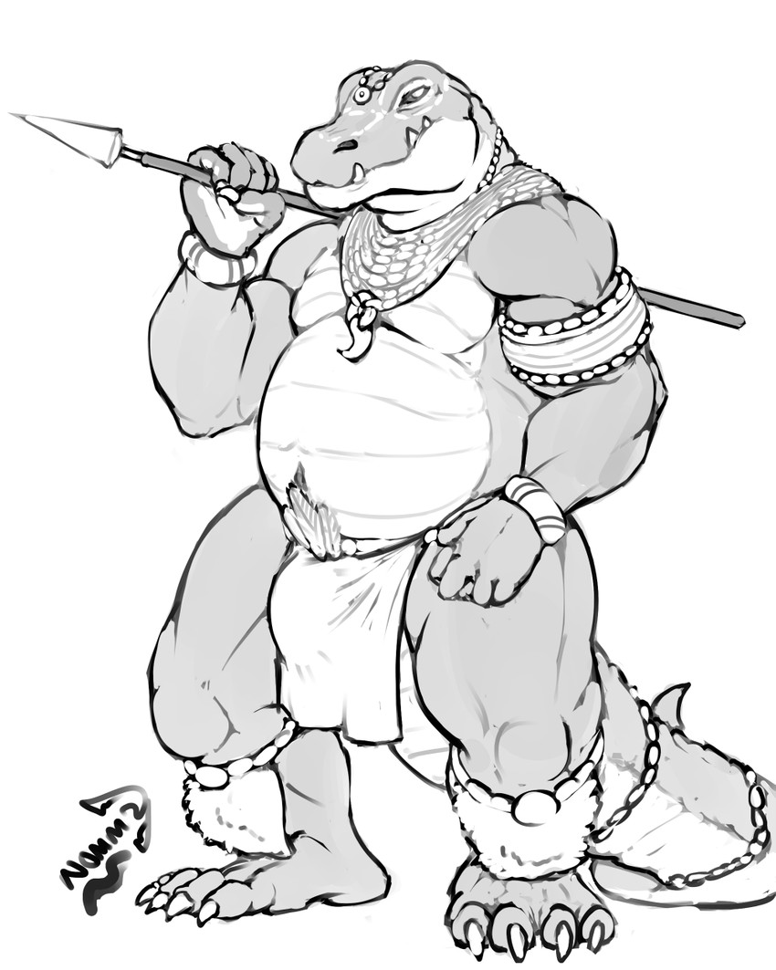 4_toes 5_fingers anthro armband belly belly_scales biceps big_belly bottomwear bracelet bulge claws clothed clothing fangs feet finger_claws fingers front_view hand_on_leg hand_on_thigh holding_melee_weapon holding_object holding_polearm holding_spear holding_weapon jewelry loincloth long_tail male melee_weapon musclegut muscular muscular_anthro muscular_male navel overweight overweight_anthro overweight_male partially_clothed pecs plantigrade polearm quads scales sharp_teeth simple_background snout solo spear spiked_tail spikes spikes_(anatomy) standing tail teeth thick_thighs toe_claws toes weapon weapon_on_shoulder white_background wide_hips nommz altaz alligator alligatorid crocodilian reptile scalie 2015 4:5 digital_media_(artwork) full-length_portrait greyscale hi_res monochrome portrait signature