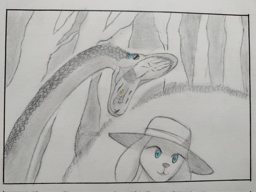 anthro buccinator clothing duo female feral glottis hat headgear headwear imminent_vore male male/female mouth_shot open_mouth sun_hat unaware_prey rainyday lagomorph leporid mammal rabbit reptile scalie snake hi_res