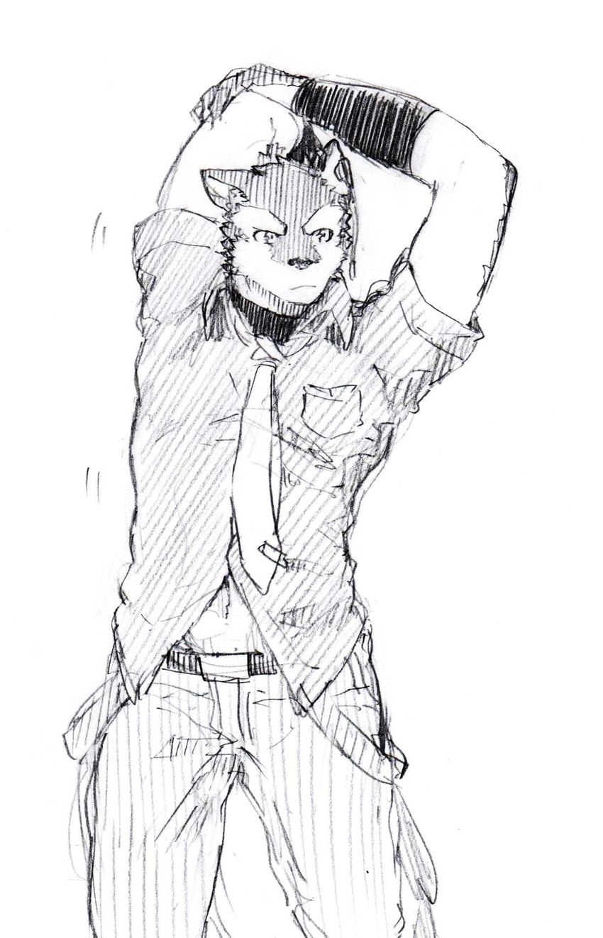 anthro bottomwear clothing dress_shirt hand_behind_head male midriff necktie pants shirt short_sleeves solo stretching topwear shi_ha_chi utau aro_rouon canid canine canis mammal wolf 2014 greyscale hi_res monochrome sketch traditional_media_(artwork)