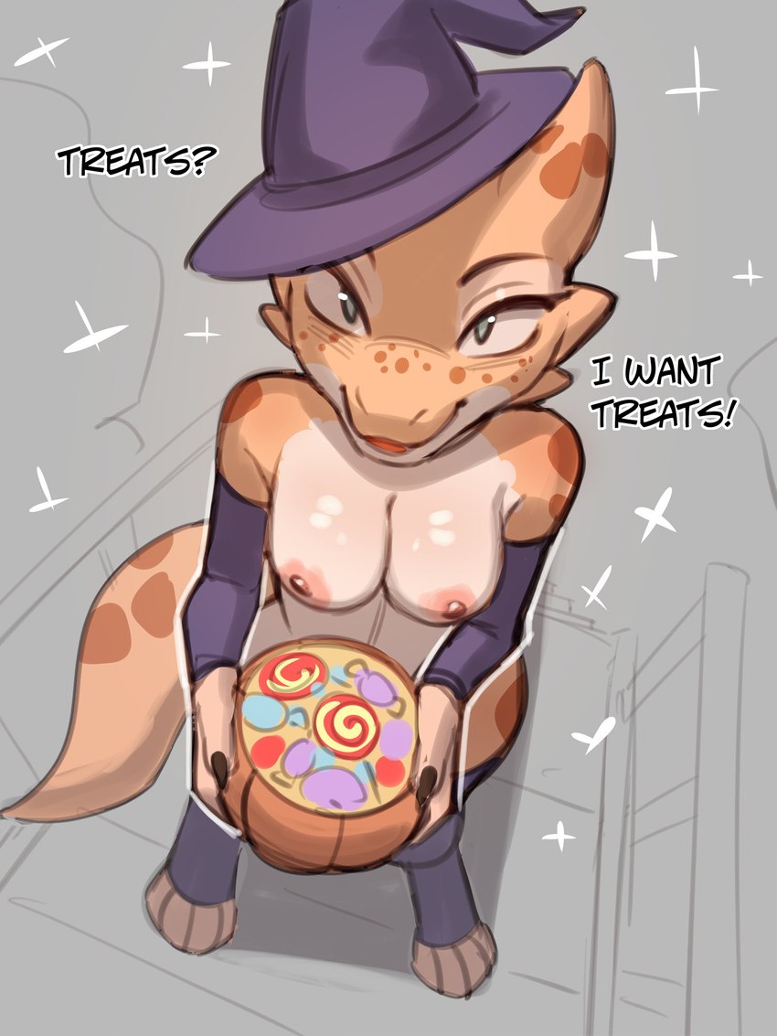 anthro areola biped breasts candy clothing dessert dialogue female food green_eyes hat headgear headwear holding_object holding_pumpkin holidays ineffective_clothing nipples non-mammal_breasts non-mammal_nipples open_mouth orange_body orange_scales orange_tail scales solo tail text trick-or-treating witch_hat hyattlen halloween nisha_(hyattlen) kobold scalie 3:4 hi_res