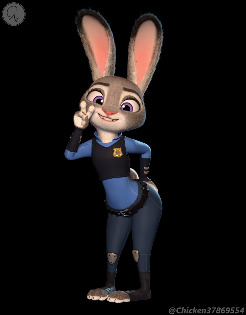 anthro clothed clothing female fur looking_at_viewer multicolored_ears police police_uniform purple_eyes simple_background smile solo toeless_legwear uniform chickenass disney zootopia judy_hopps lagomorph leporid mammal rabbit 3d_(artwork) digital_media_(artwork) hi_res